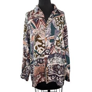 VINTAGE IN Private Blouse Silk Abstract Collared Casual Button-Up Size Medium M